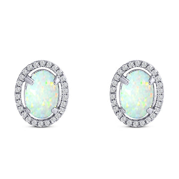 Halo Art Deco Oval Stud Earring Simulated Cubic Zirconia Created White Opal Solid 925 Sterling Silver (15mm)